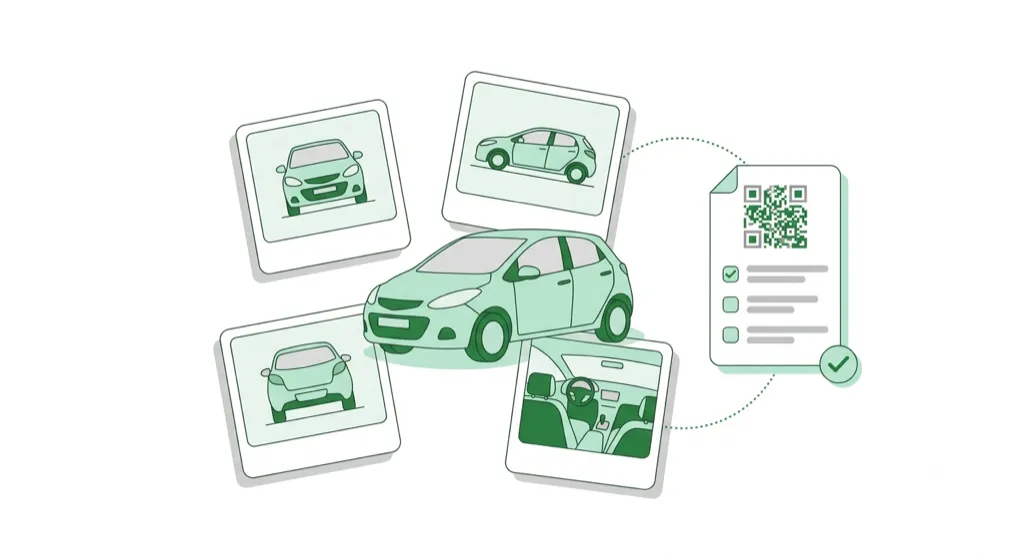 Ilustracja protokołu zdawczo-odbiorczego - zdjęcia auta z każdej strony i dokument z kodem QR